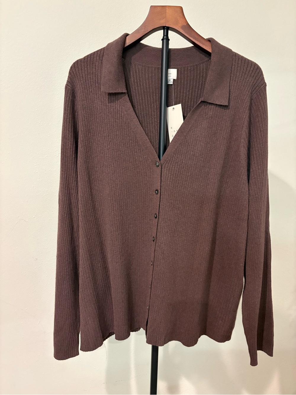 a new day Ribbed Button-Front Collared Top - Brown 3X
